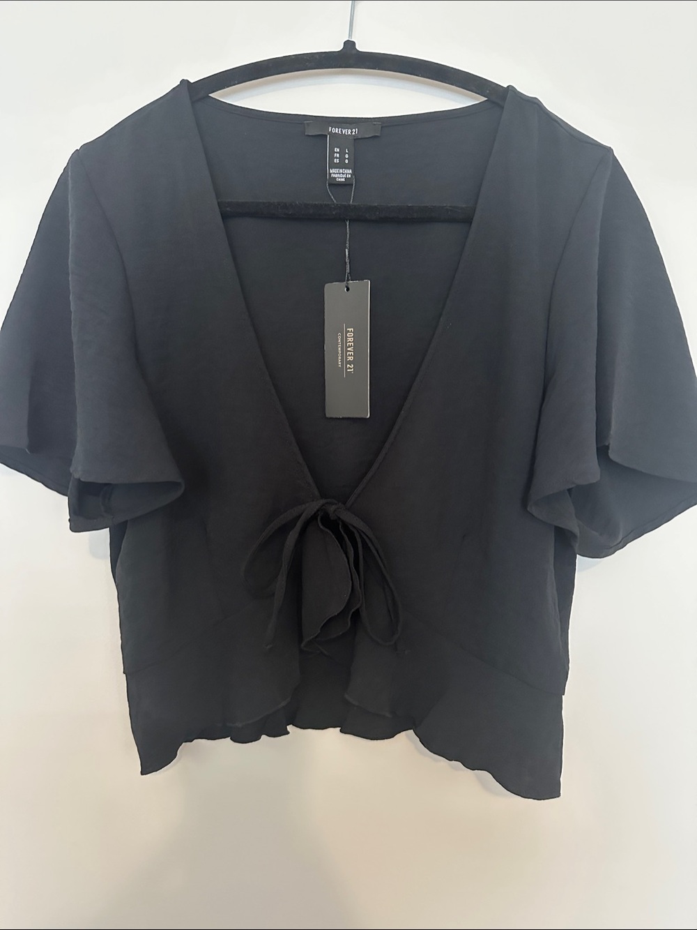 Forever 21 Black Tie-Front Flutter Sleeve Blouse